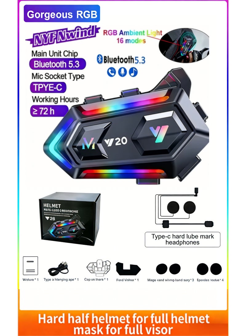 Y20 Motorcycle Helmet Bluetooth Headset, Flash Color RGB Lighting Effects, Bluetooth 5.3 Headset, Intelligent Noise Reduction, High Fidelity Sound Quality, IPX6, Compatible with All Helmets - Image 1